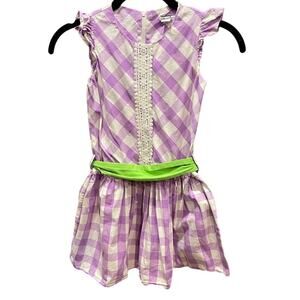 Hartstrings Girl's Purple Sundress 6 Green Bow Lace Trim Gingham Checkerboard